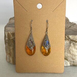 Sterling Silver 925 Baltic Amber & Moonstone Dangle Drop Earrings Amber Jewelry